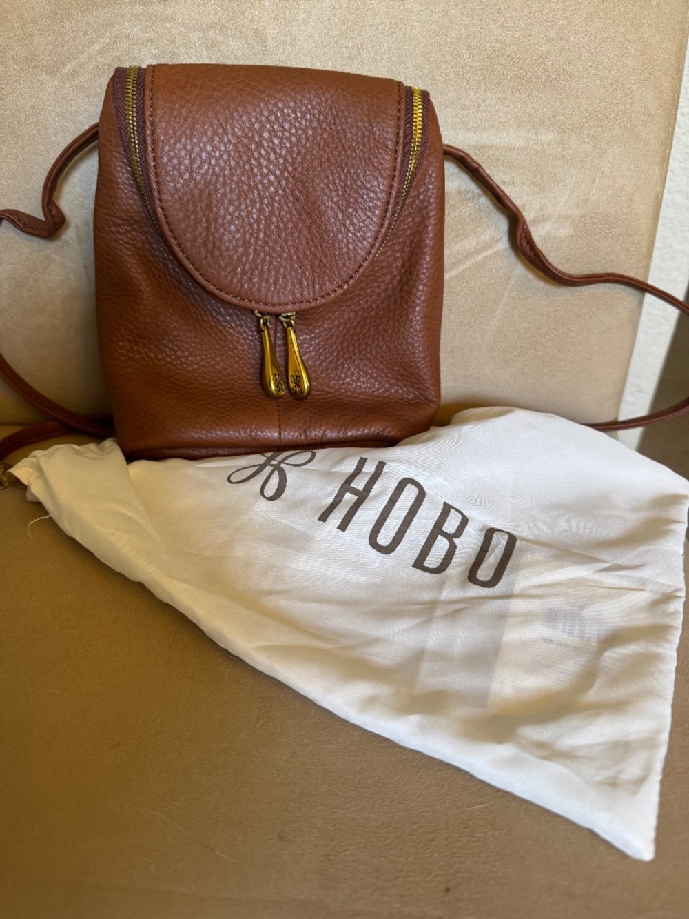 HOBO Cognac Pebbled Leather Crossbody Bag + Dust Bag